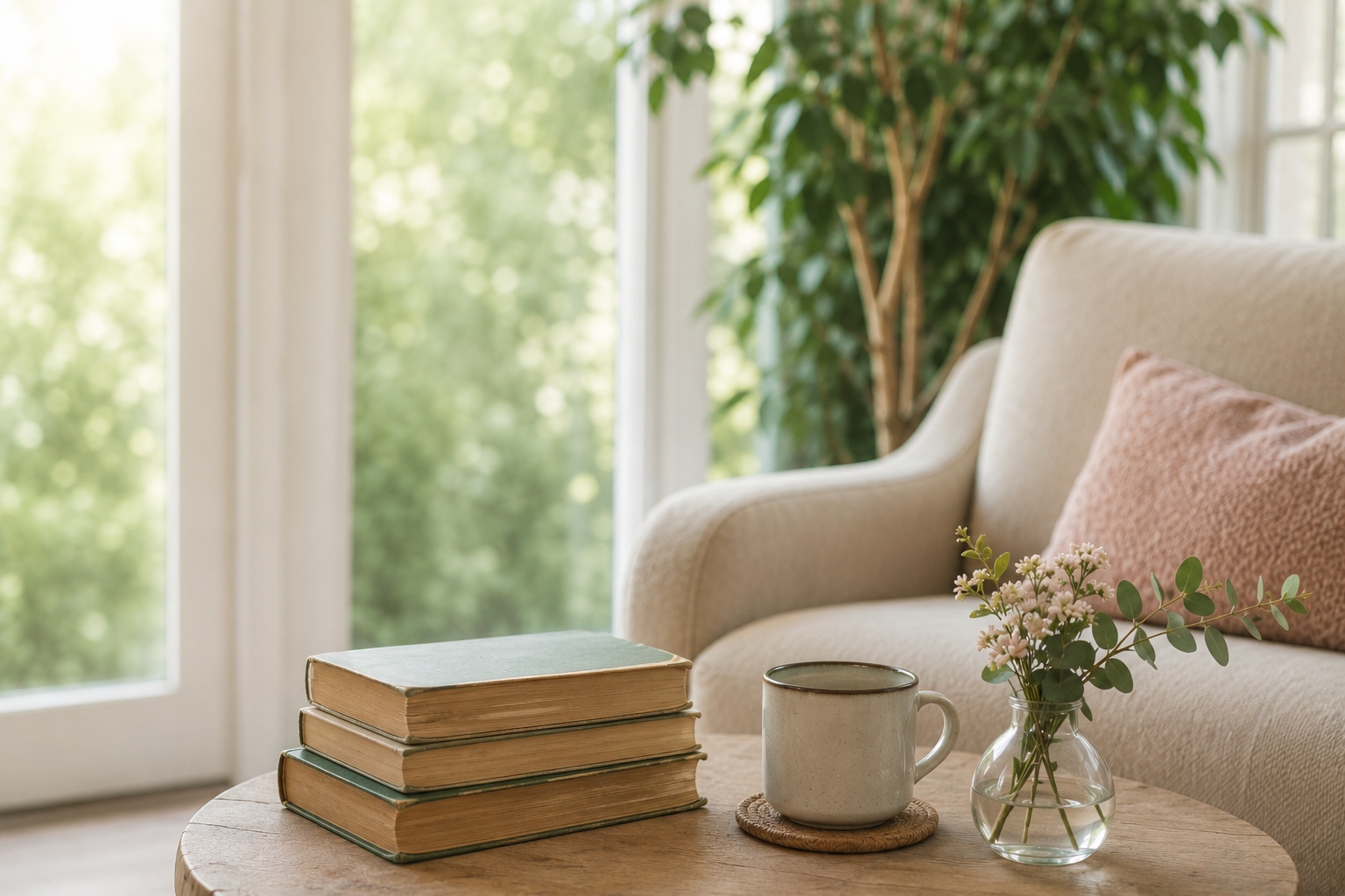 A warm, sunlit room with a sage linen sofa, well-loved books, and a mug of tea on a wooden coffee table